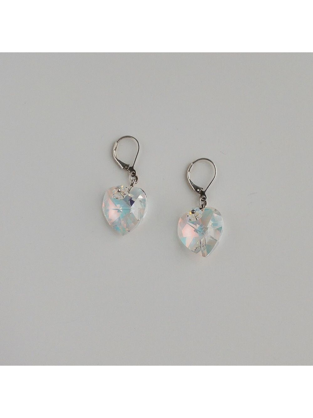 Handmade Sterling Silver Crystal Aurora Borealis AB Earrings Heart Shape 925